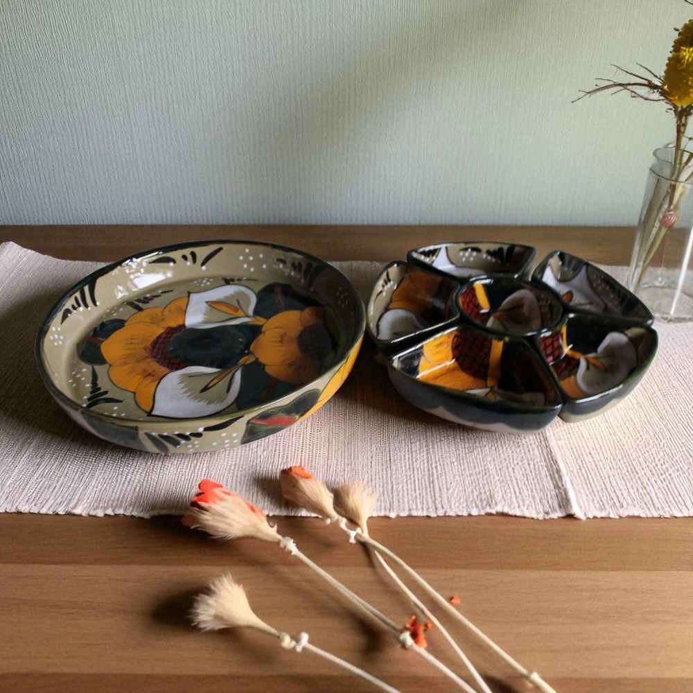 Mexican Talavera Pottery 7 Piece Chip & Dip Taco Appetizer Serving Set